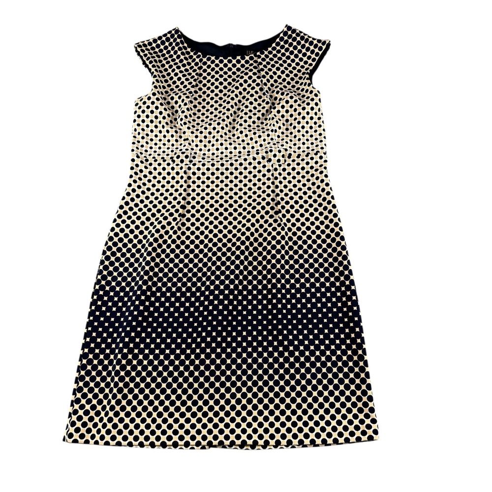 ILE New York Polka Dot Sheath Dress‎ Navy Tan Gradient Cap Sleeve Size 12